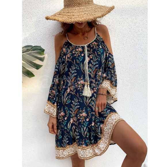 Navy Blue Cold Shoulder Tassel Detail Loose Fitting Mini Dress Short Floral - Picture 5 of 11